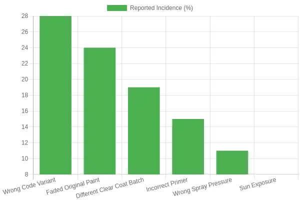 Most Common Causes of Fairing Panel Paint Mismatch - horizontal axis showing wrong code variant, faded original paint, different clear coat batch, incorrect primer, wrong spray pressure, and sun exposure, with reported incidence percentages on the vertical axis