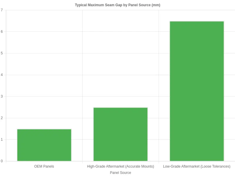 Typical maximum seam gap measurements by panel source, comparing OEM panels, high-grade aftermarket fairing kits with accurate mount points, and low-grade aftermarket kits with loose tolerances