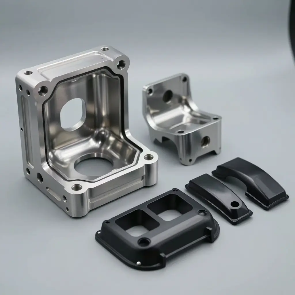 A precision CNC-machined steel injection mold for motorcycle fairing panels beside finished ABS panels