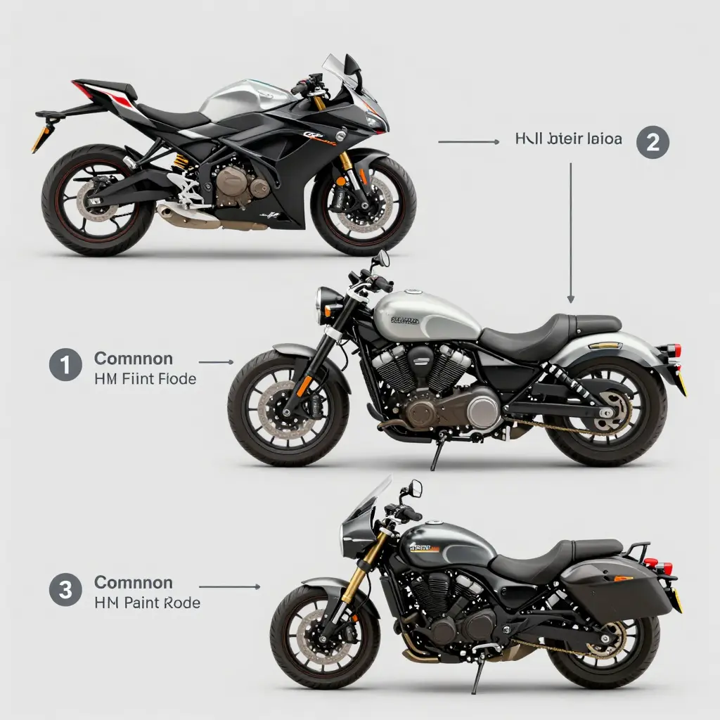 Diagram of sport bike, cruiser, and touring motorcycles showing common OEM paint code plate and sticker locations, including under the seat, on the steering head, inside the fuel filler door, on the swingarm, under the side cover, and inside the fairing